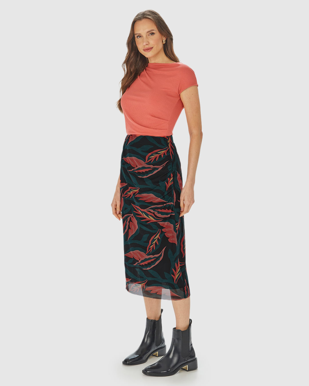 Saia Reta Feminina Folhagem Fenda Lateral Em Tule Stretch - Imagem 12