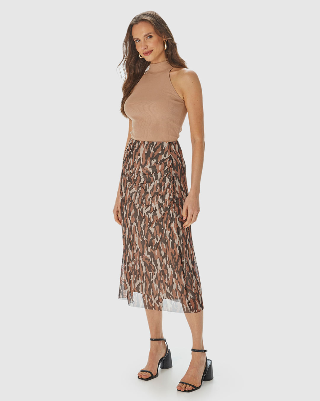 Saia Reta Feminina Animal Print Fenda Lateral Em Tule Stretch - Imagem 7