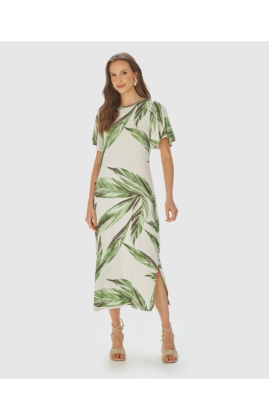 Vestido Midi Feminino Amplo Estampado Em Malha Viscolinho Stretch