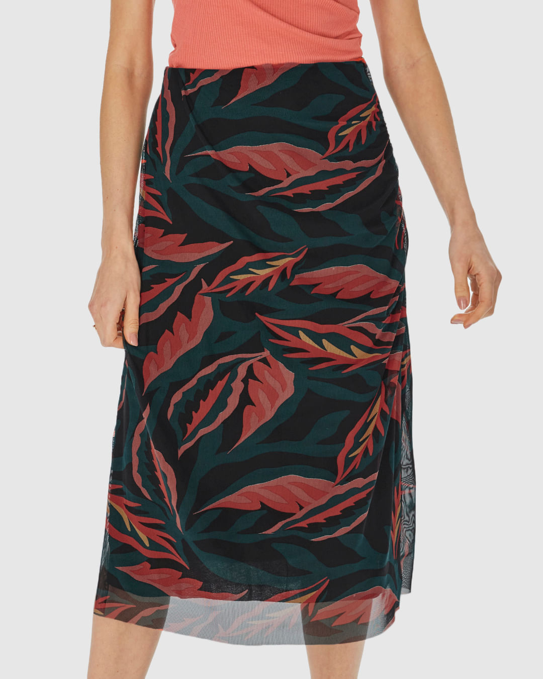 Saia Reta Feminina Folhagem Fenda Lateral Em Tule Stretch - Imagem 13