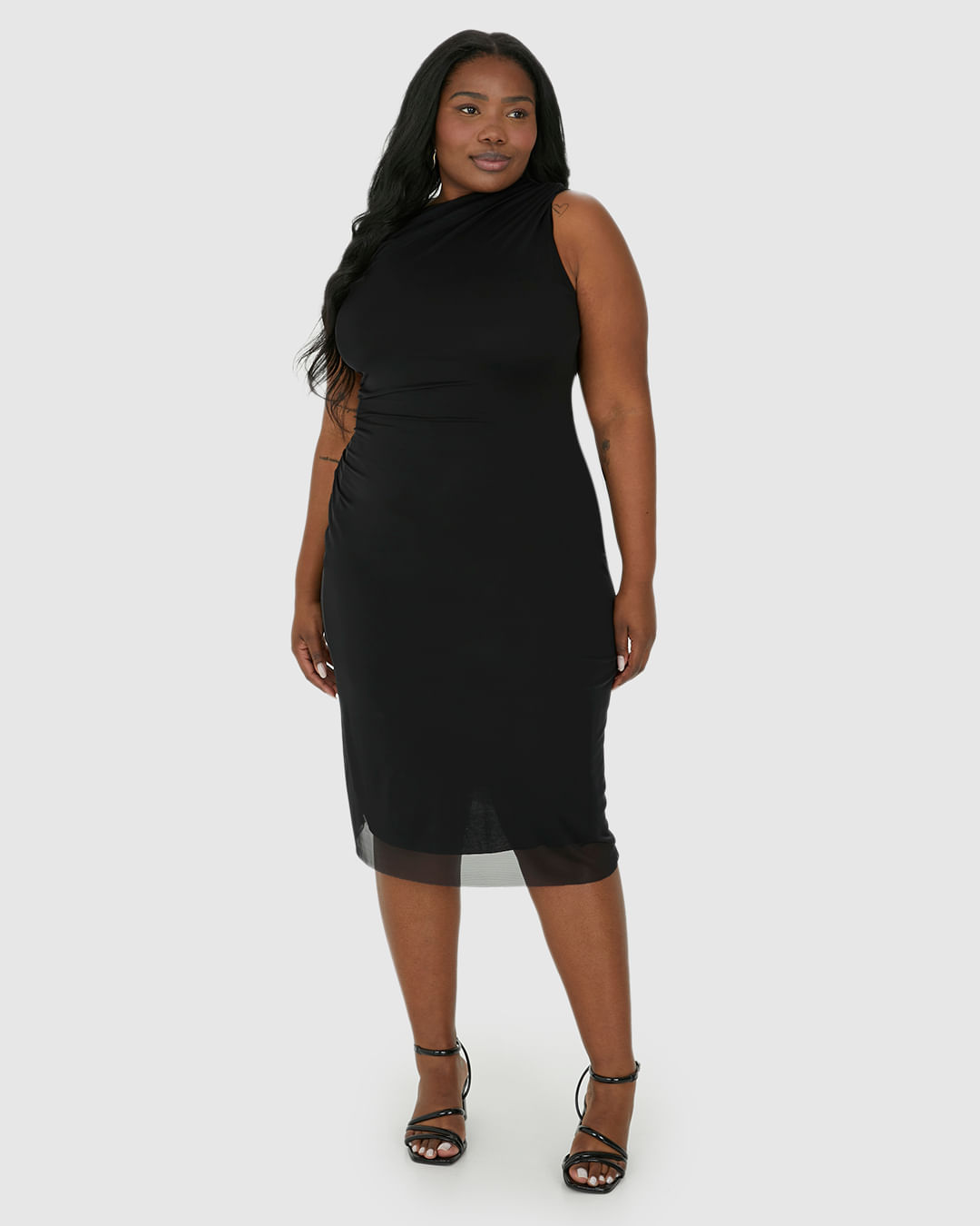 Vestido Midi Feminino Plus Size Detalhe Franzido Em Tule Stretch - Imagem 9