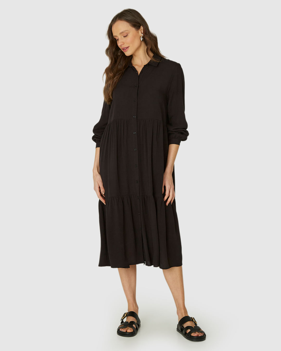 Vestido Chemise Feminino Abotoamento Frontal Em Viscose Sarjada - Imagem 14