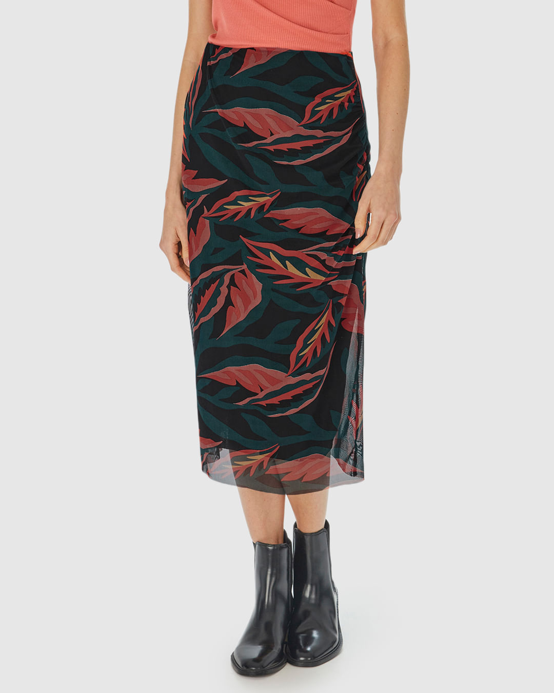 Saia Reta Feminina Folhagem Fenda Lateral Em Tule Stretch - Imagem 24