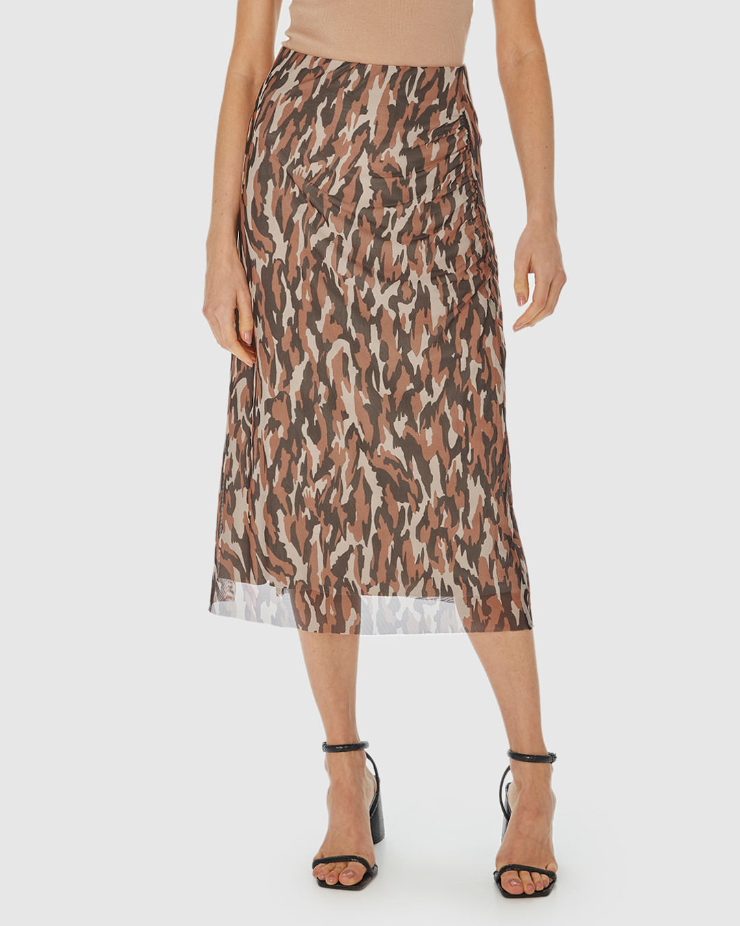 Saia Reta Feminina Animal Print Fenda Lateral Em Tule Stretch - Imagem 9