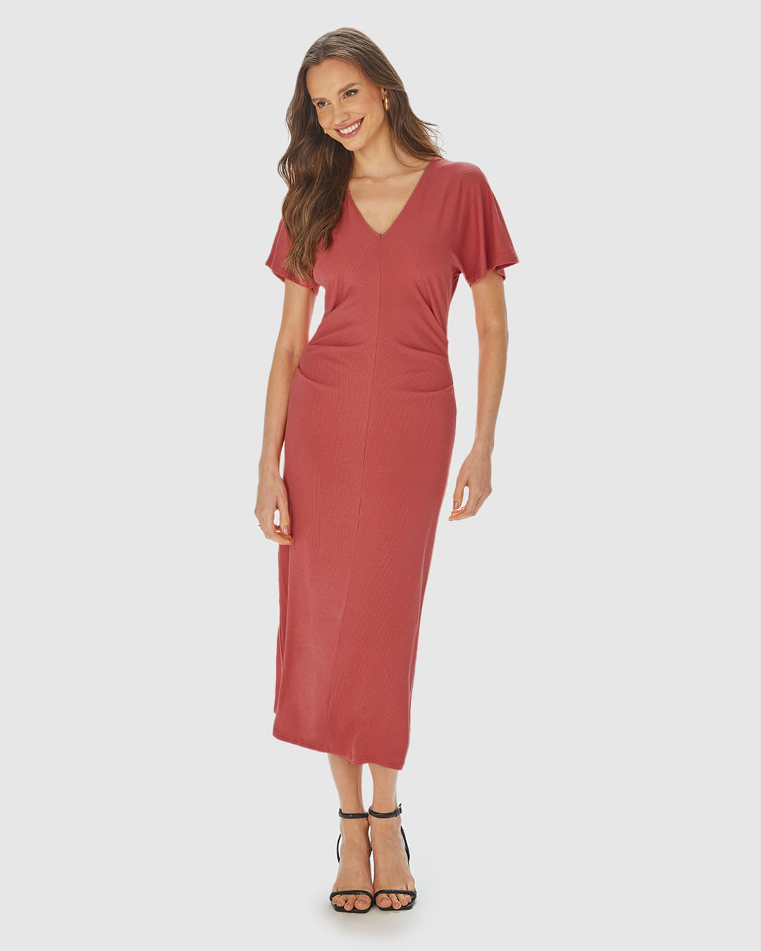 Vestido Midi Feminino Pregas Na Cintura Em Malha Viscose Canelada - Imagem 29
