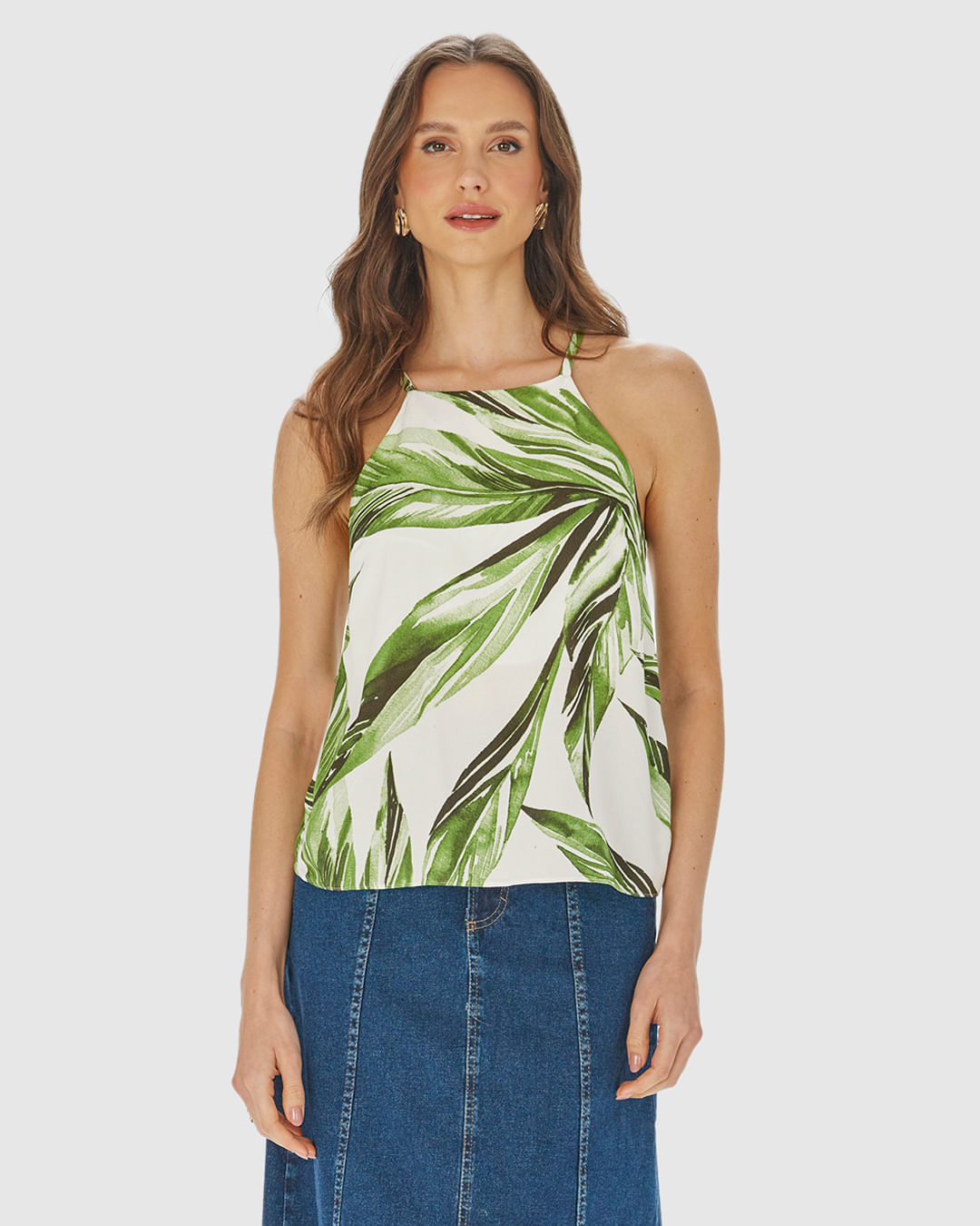 Regata Evasê Feminina Alça Fina Folhagem Em Viscose - Imagem 4