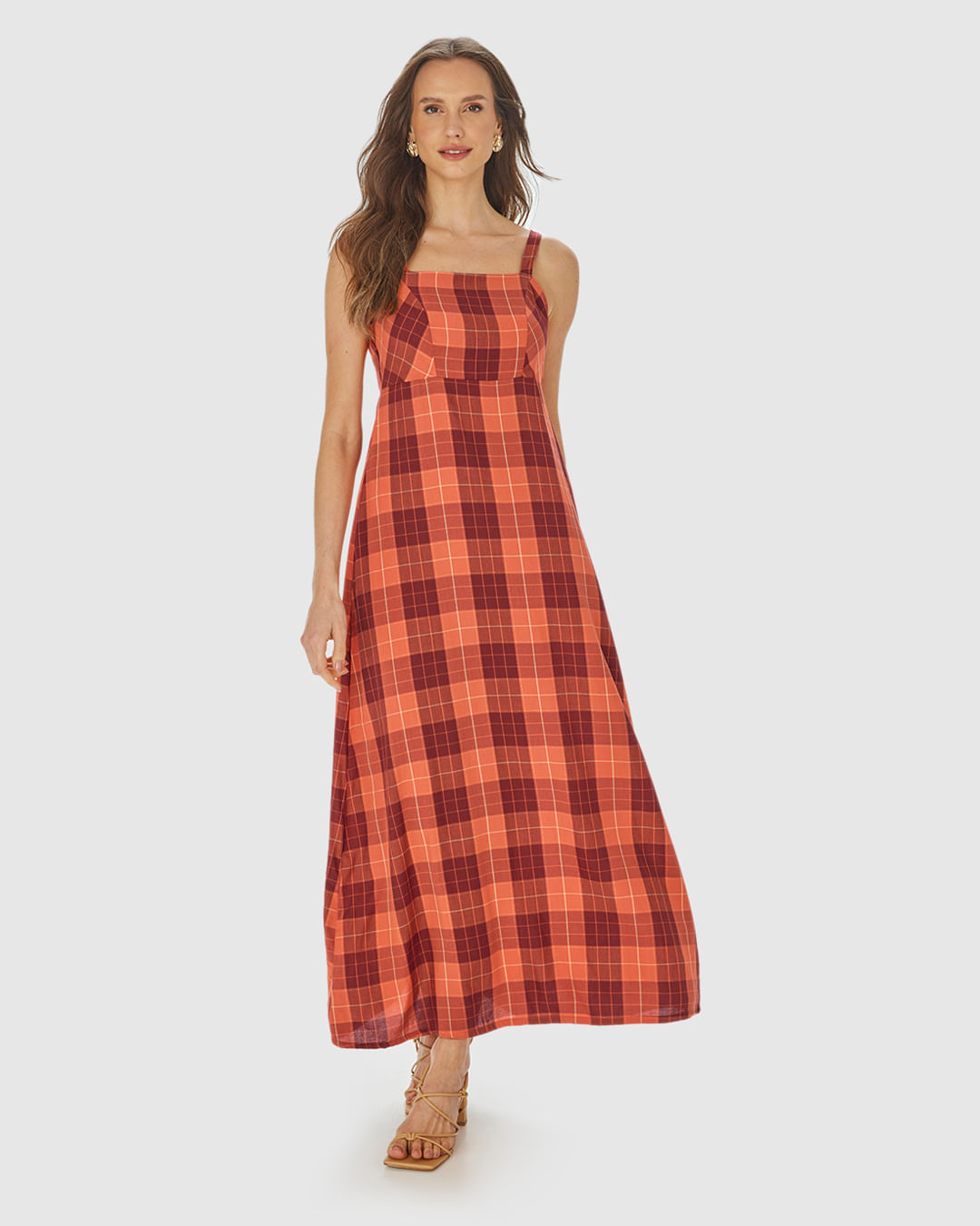 Vestido Longo Feminino Xadrez Alça Com Regulagem Em Viscose Lurex - Imagem 19