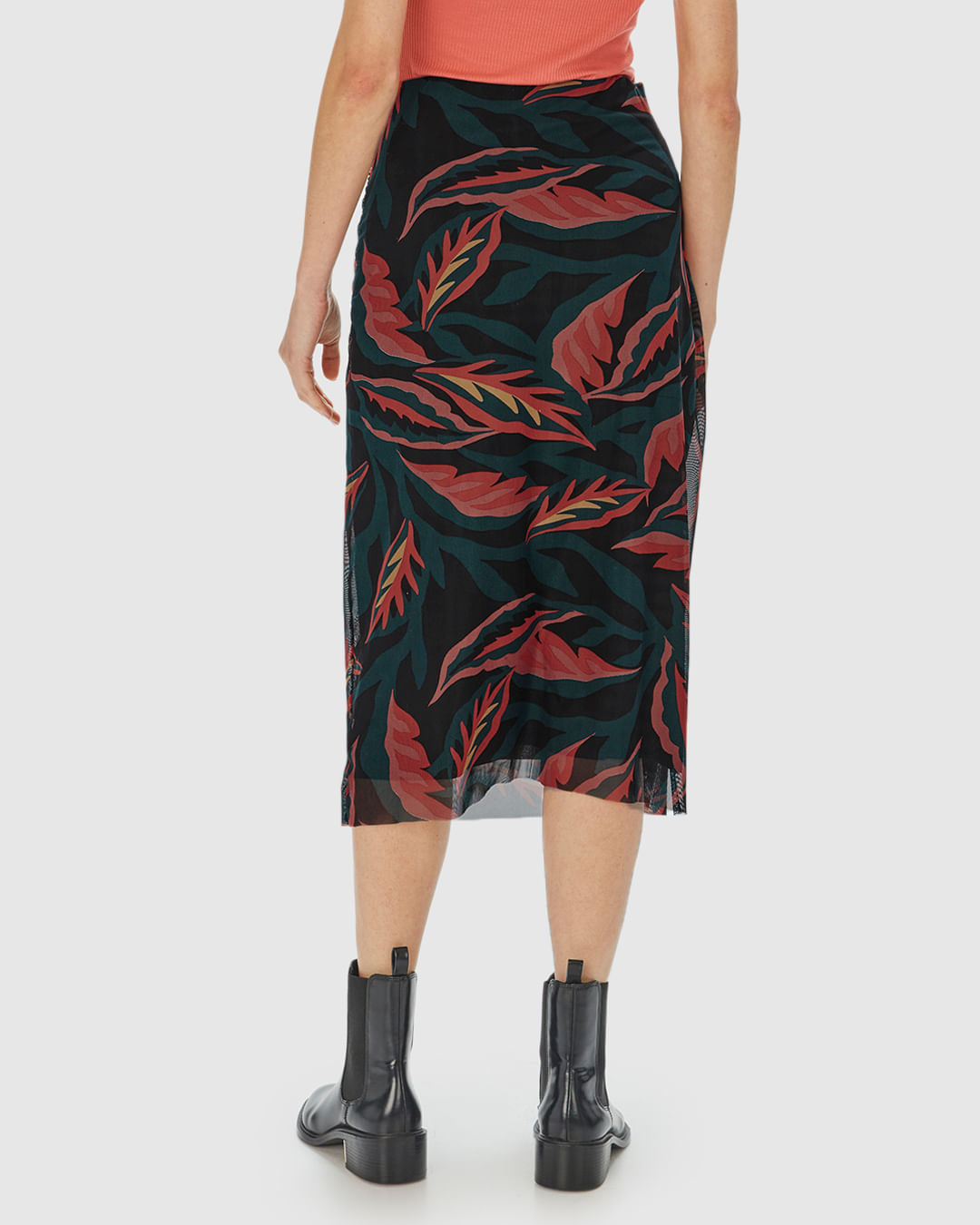 Saia Reta Feminina Folhagem Fenda Lateral Em Tule Stretch - Imagem 10