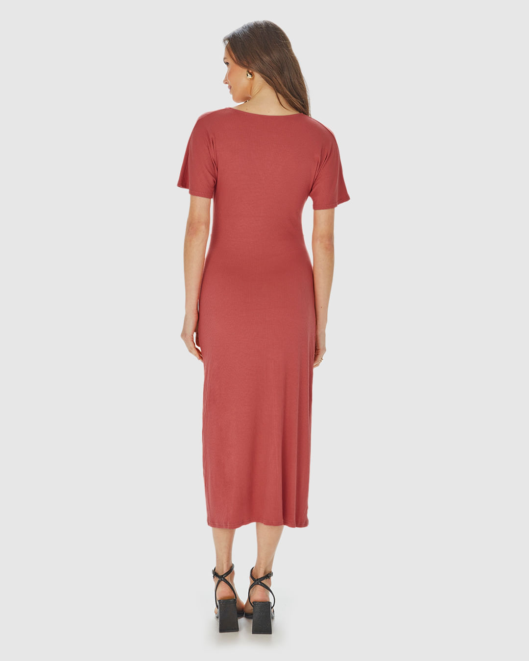 Vestido Midi Feminino Pregas Na Cintura Em Malha Viscose Canelada - Imagem 25
