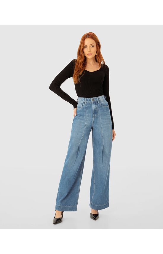 Calça Wide Leg Feminina Pregas Frontais Em Jeans 100% Algodão - ENFIM