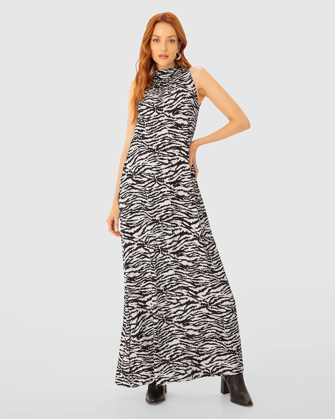 Vestido Longo Feminino Amplo Gola Alta Animal Print Em Viscose - ENFIM - Imagem 4