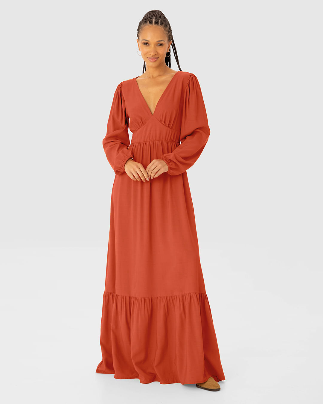 Vestido Longo Feminino Manga Longa Decote V Em Viscose - ENFIM - Imagem 7