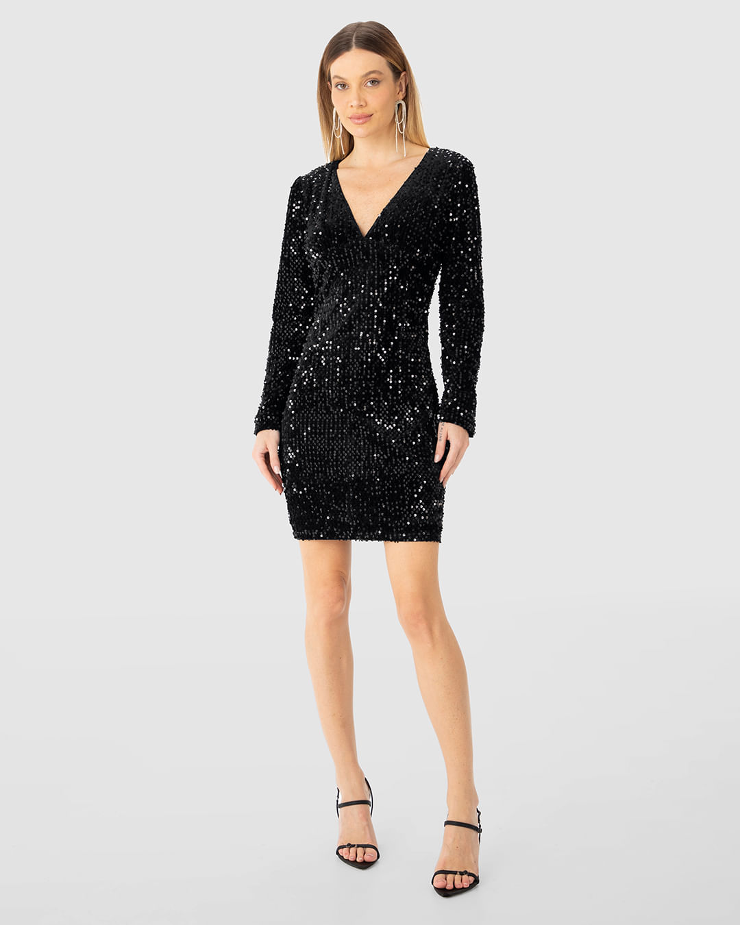 Vestido Feminino Manga Longa Decote V em Veludo com Paetê - ENFIM