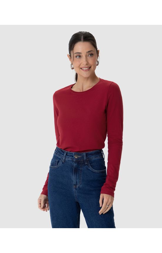 Blusa Básica Feminina Decote Redondo Manga Longa Em Algodão