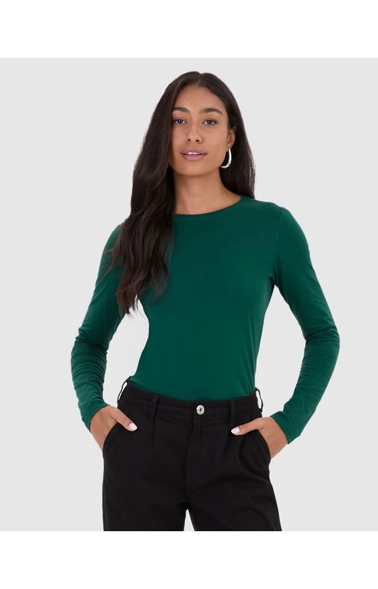 Blusa Básica Feminina Decote Redondo Manga Longa Em Algodão