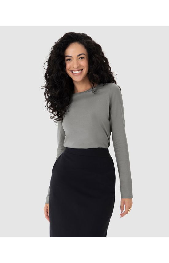 Blusa Básica Feminina Decote Redondo Manga Longa Em Algodão