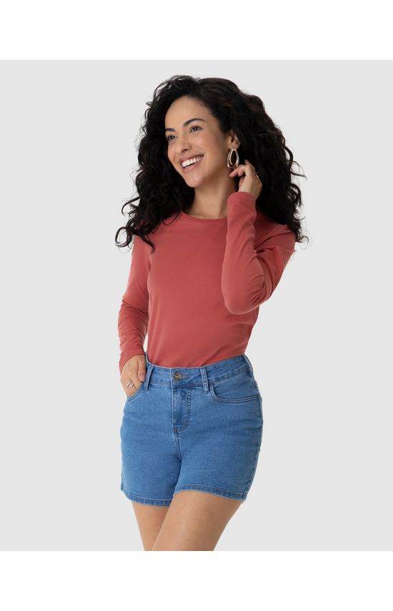 Blusa Básica Feminina Decote Redondo Manga Longa Em Algodão