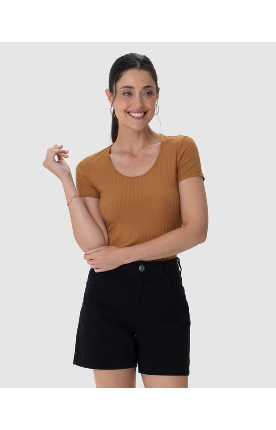 Blusa Básica Feminina Manga Curta Em Canelado De Viscose