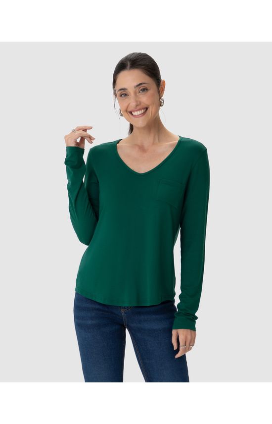 Blusa Feminina Decote V Bolso Funcional Em Viscose Stretch