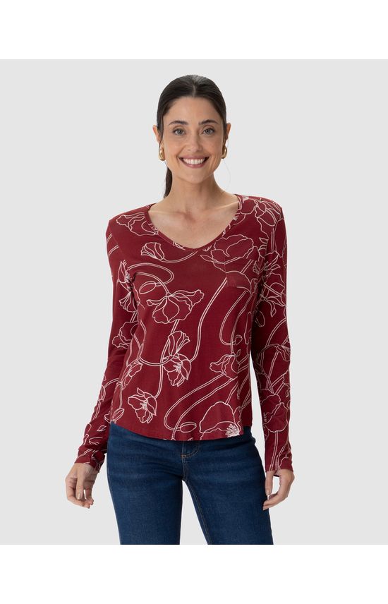 Blusa Feminina Decote V Bolso Funcional Estampada Em Viscose Stretch
