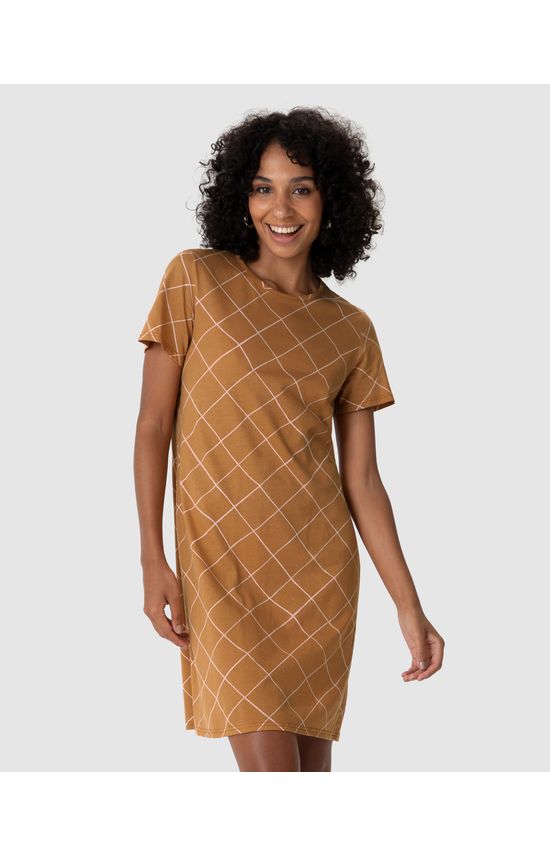 Vestido Feminino Estampado Com Decote Redondo Em Algodão
