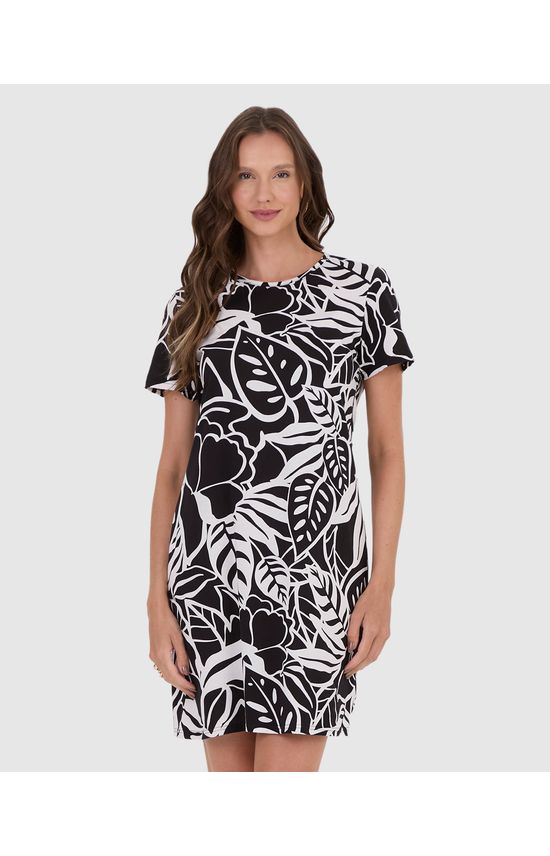 Vestido Feminino Estampado Com Decote Redondo Em Algodão