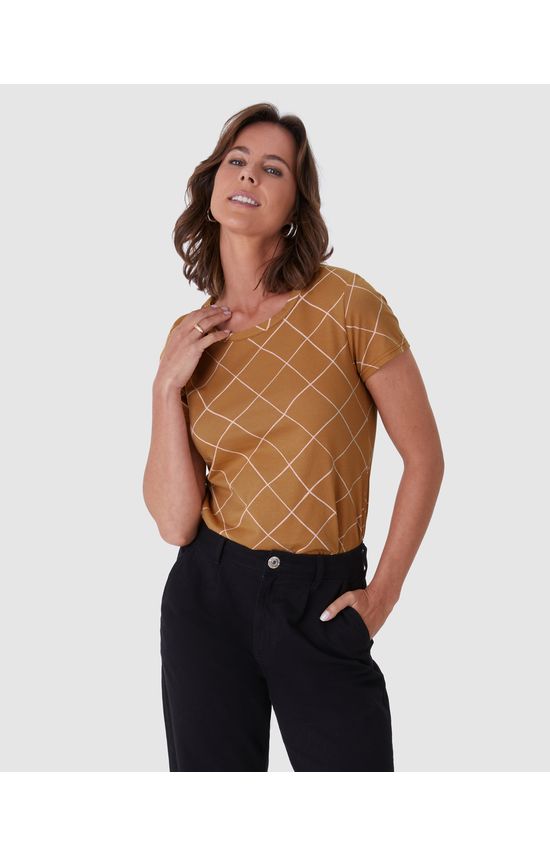 Blusa Feminina Decote Redondo Xadrez Em Algodão