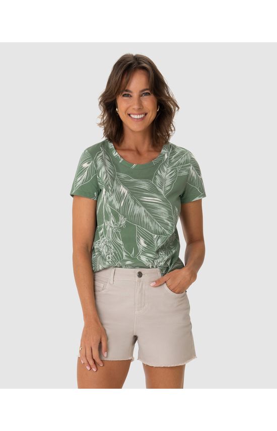 Blusa Feminina Decote Redondo Folhagem Em Algodão