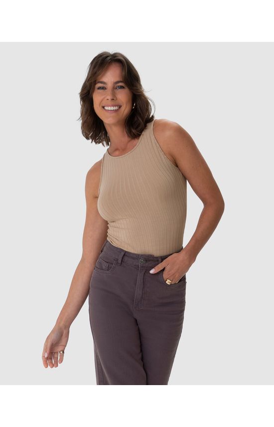 Regata Básica Feminina Decote Redondo Em Canelado De Viscose