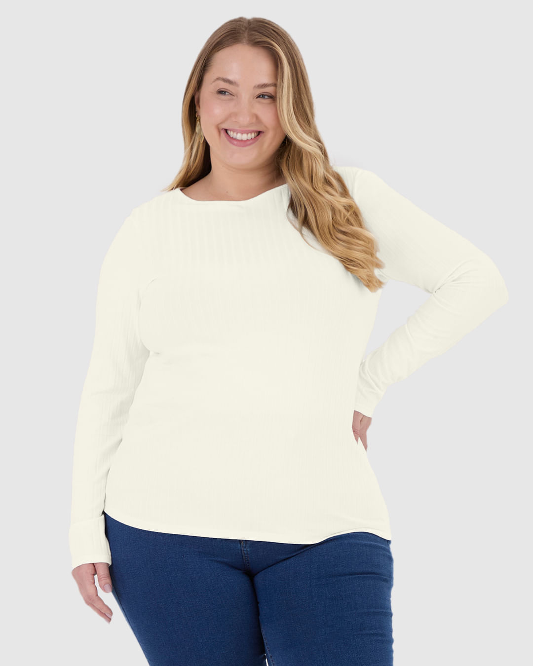 Blusa Básica Feminina Plus Size Manga Longa em Canelado de Viscose