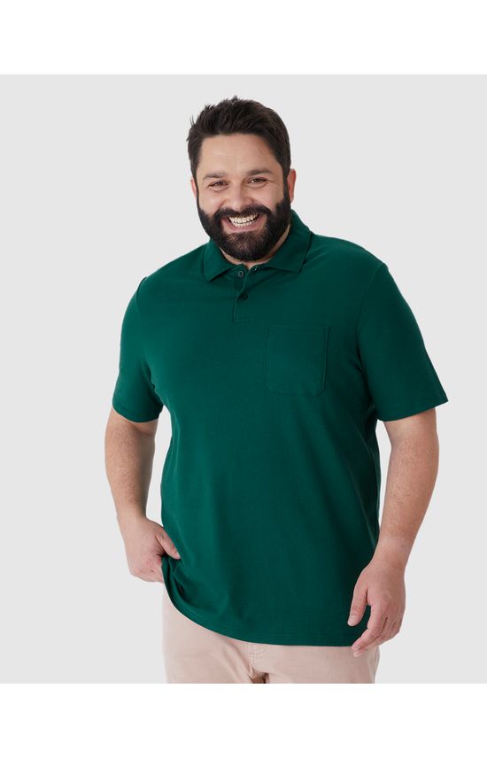 Camisa Polo Básica Masculina Plus Size Bolso Frontal Em Piquet Stretch