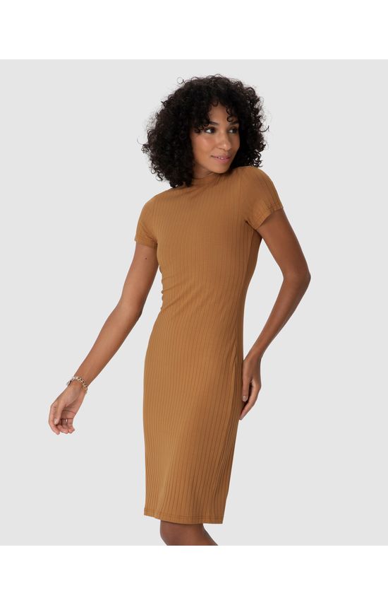 Vestido Básico Feminino Gola Alta Em Malha Canelada De Viscose
