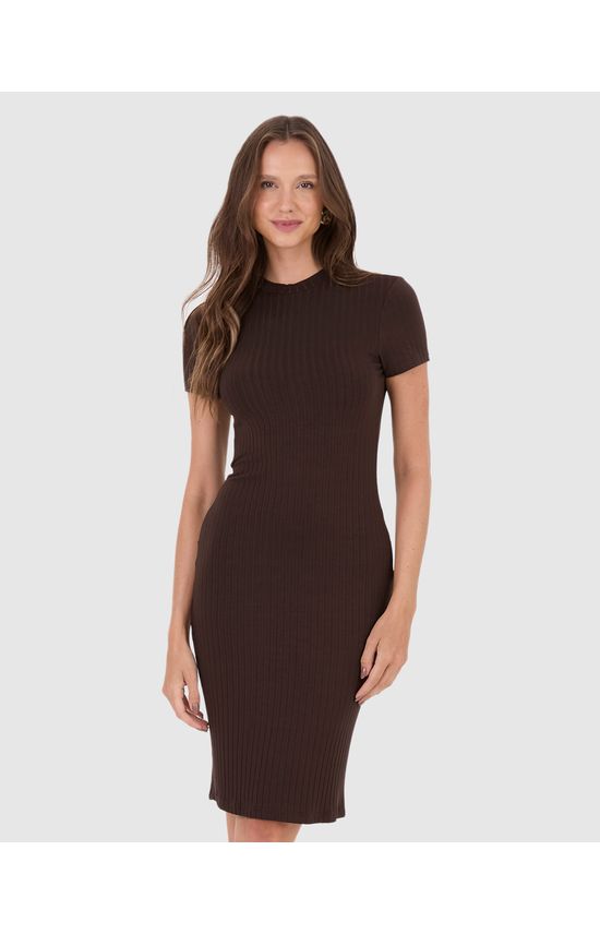 Vestido Básico Feminino Gola Alta Em Malha Canelada De Viscose