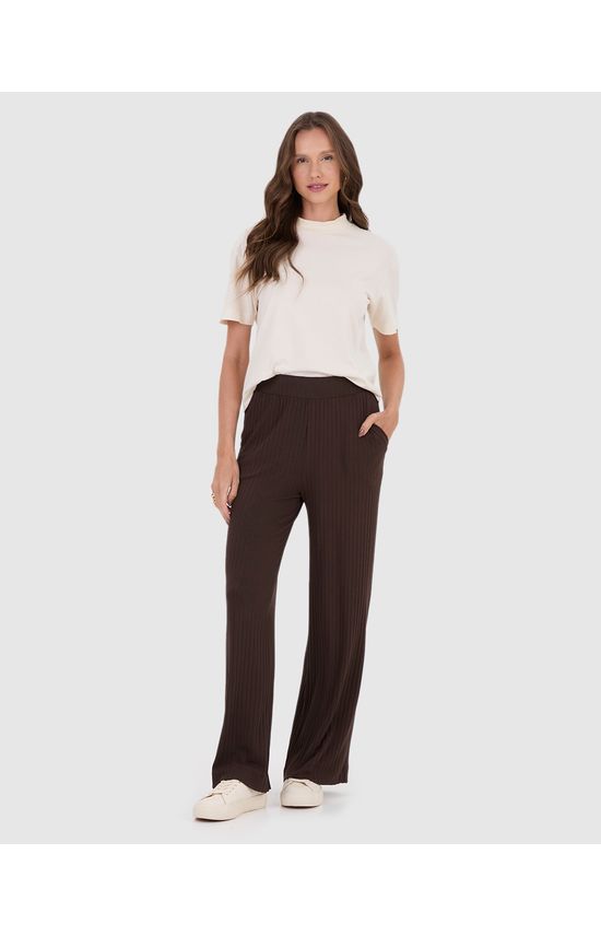 Calça Wide Leg Feminina Cintura Alta Em Malha Canelada De Viscose