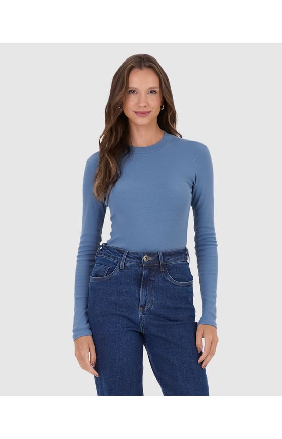 Blusa Básica Feminina Gola Alta Manga Longa Em Ribana