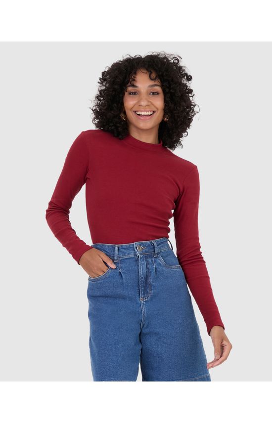 Blusa Básica Feminina Gola Alta Manga Longa Em Ribana