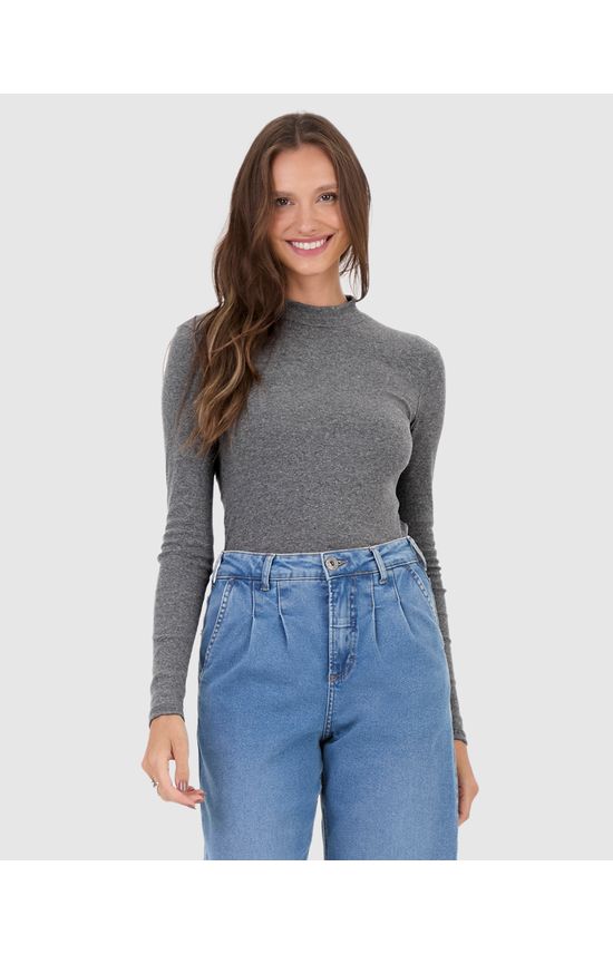 Blusa Básica Feminina Gola Alta Manga Longa Em Ribana