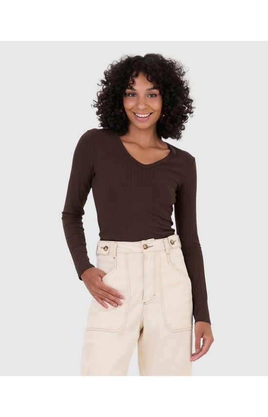 Blusa Básica Feminina Decote V Manga Longa Em Malha Canelada De Viscose