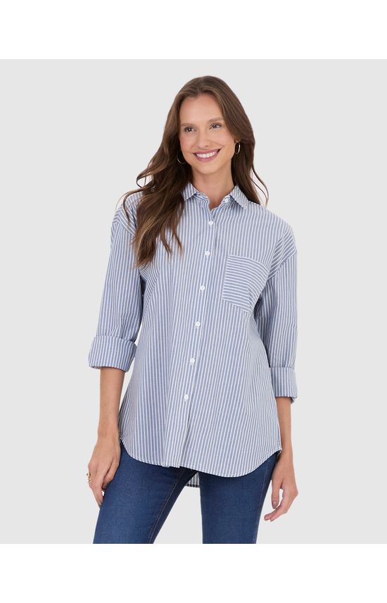 Camisa Ampla Feminina Listrada Bolso Frontal Em Algodão