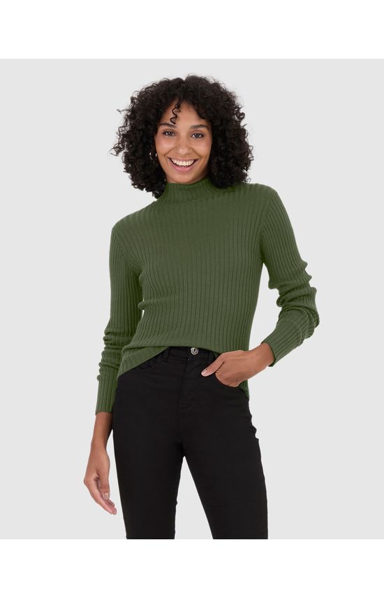 Blusa Básica Feminina Justa Gola Alta Em Tricô Canelado