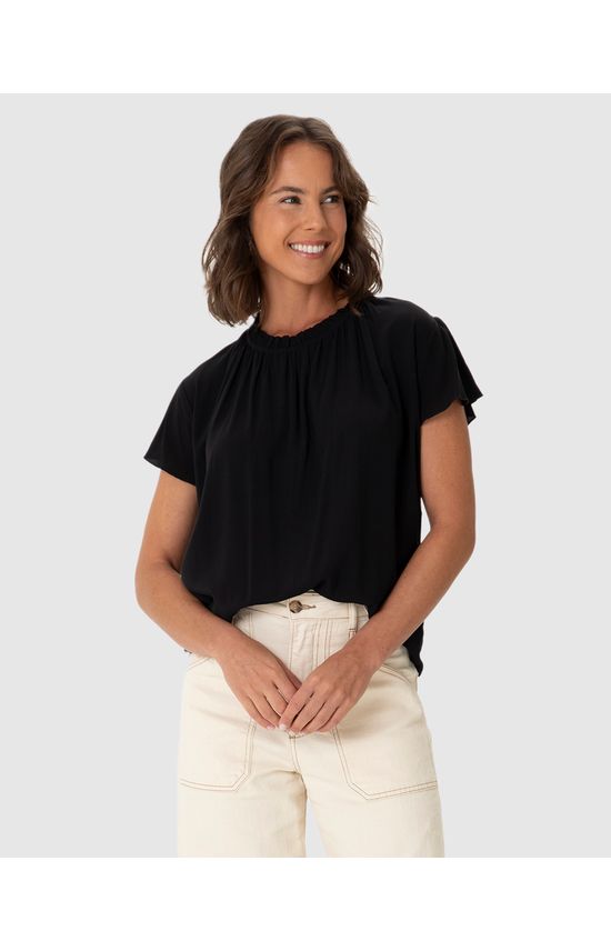 Blusa Feminina Evasê Gola Franzida Em Viscose Sarjada
