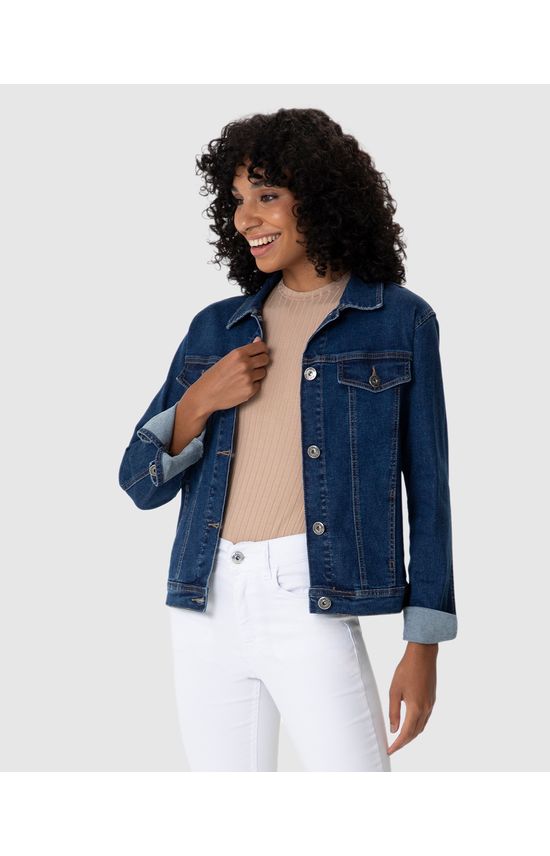 Jaqueta Feminina Lapela Decorativa Em Jeans Com Elastano