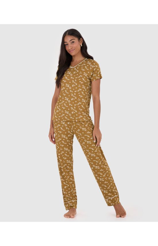 Pijama Feminino Blusa Decote V E Calça Em Viscose Stretch
