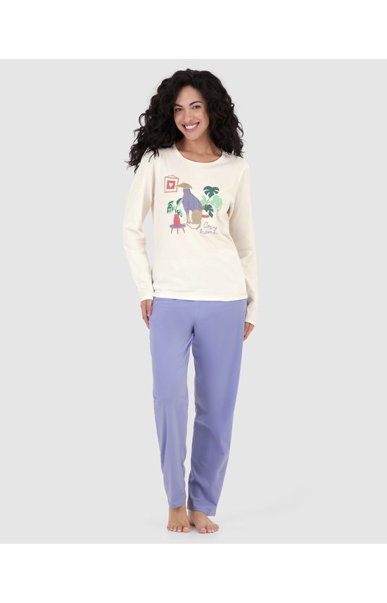 Pijama Feminino Blusa Estampada Manga Longa Em Algodão
