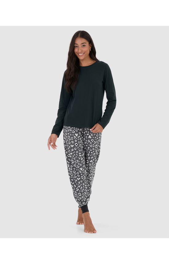 Pijama Feminino Blusa Manga Longa E Calça Estampada Em Algodão