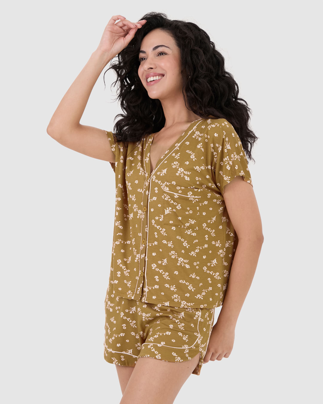 Pijama Feminino Blusa Botões Frontais E Bolso Funcional Em Viscose Stretch