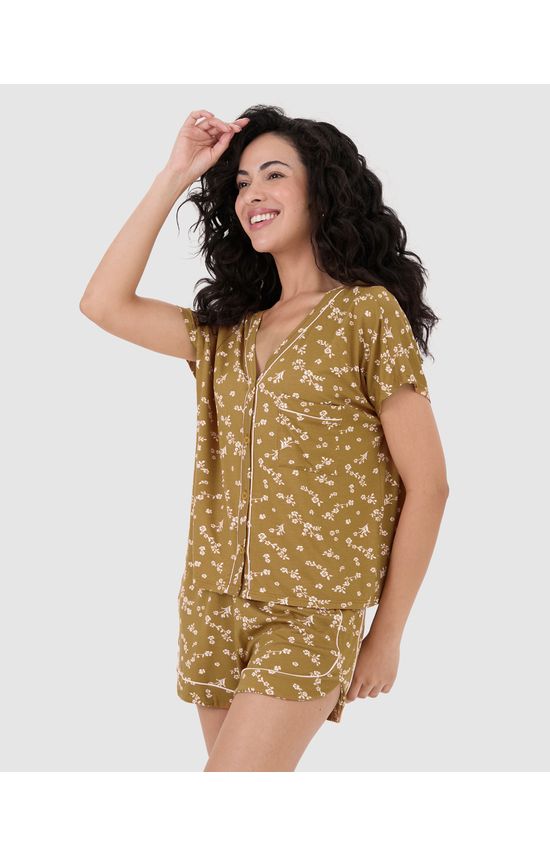 Pijama Feminino Blusa Botões Frontais E Bolso Funcional Em Viscose Stretch