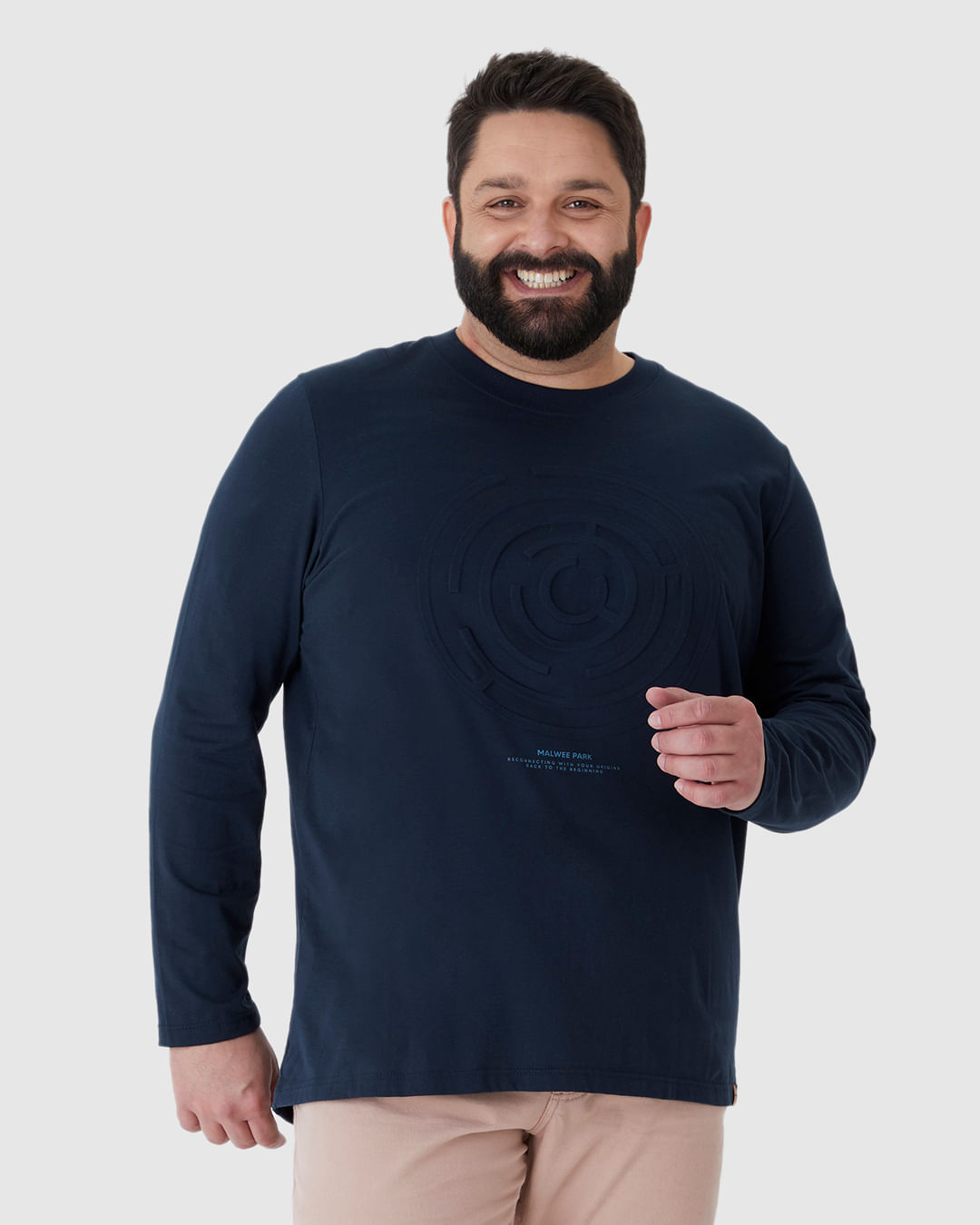 Camiseta Masculina Plus Size Manga Longa Estampa Alto-Relevo Em Algodão