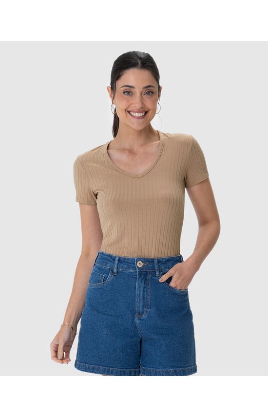 Blusa Básica Feminina Justa Decote V Em Malha Canelada De Viscose