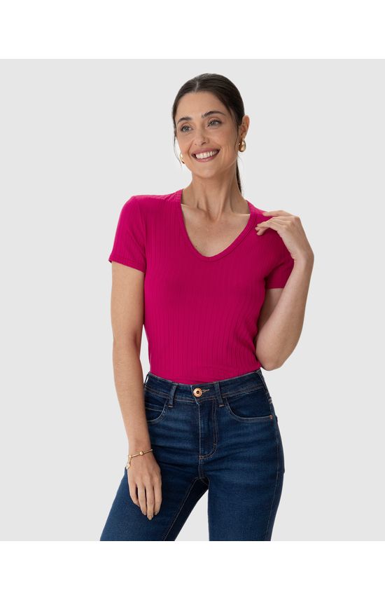 Blusa Básica Feminina Justa Decote V Em Malha Canelada De Viscose